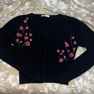 Vintage VAS Floral Embroidered Black Cardigan Sweater Size Medium